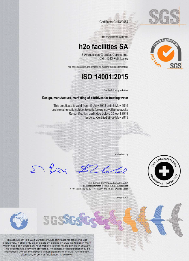 iso certification for polyamines water chemicals manufacturing 14001