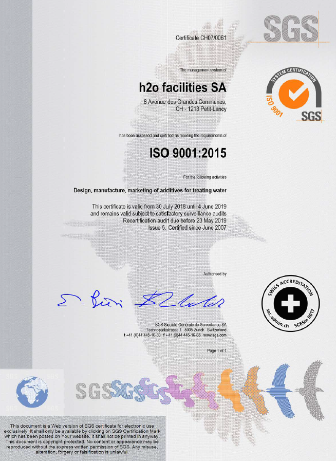 iso certification for polyamines water chemicals manufacturing 9001