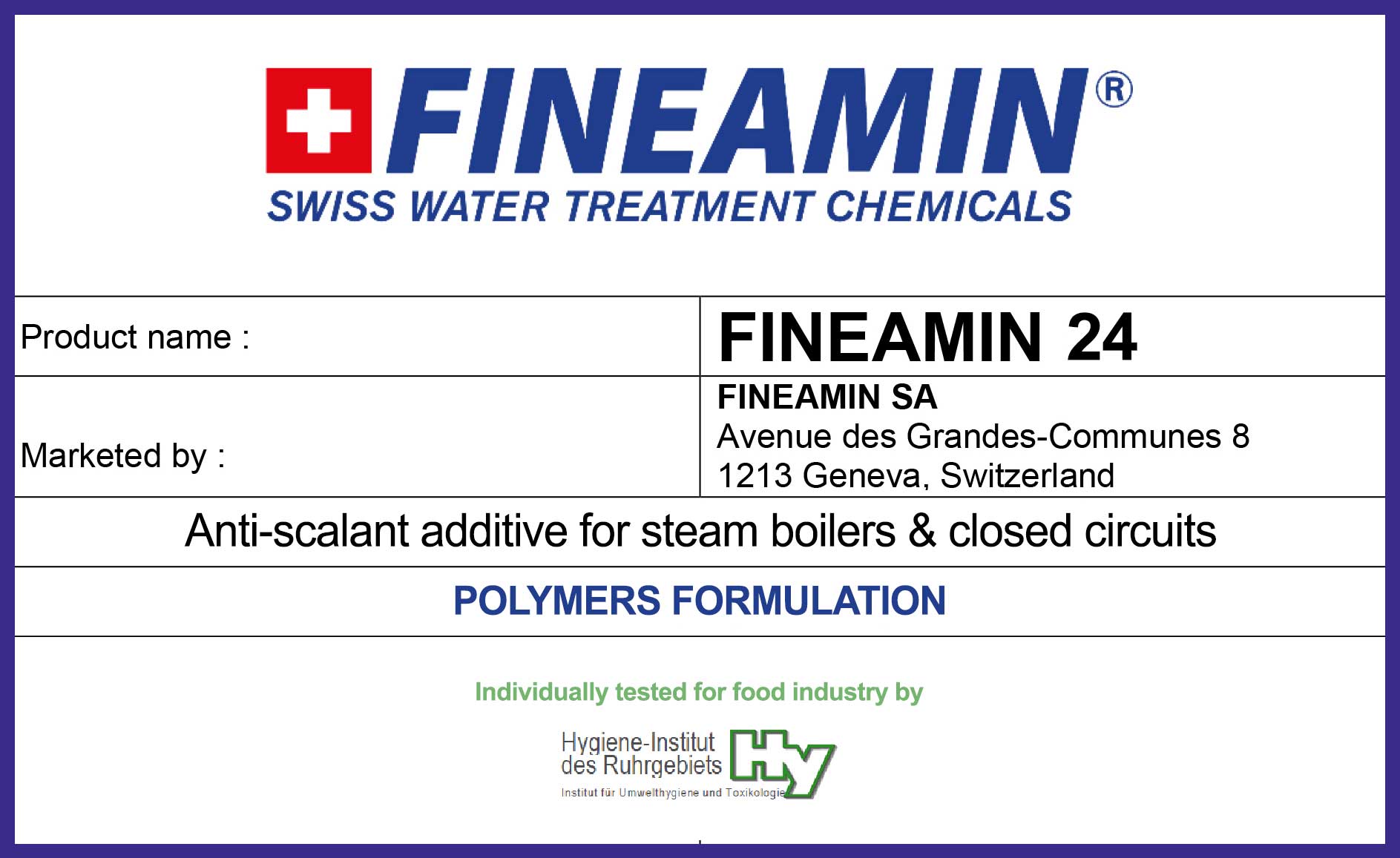 Fineamin 24 boiler additive dispersing scale polymers label
