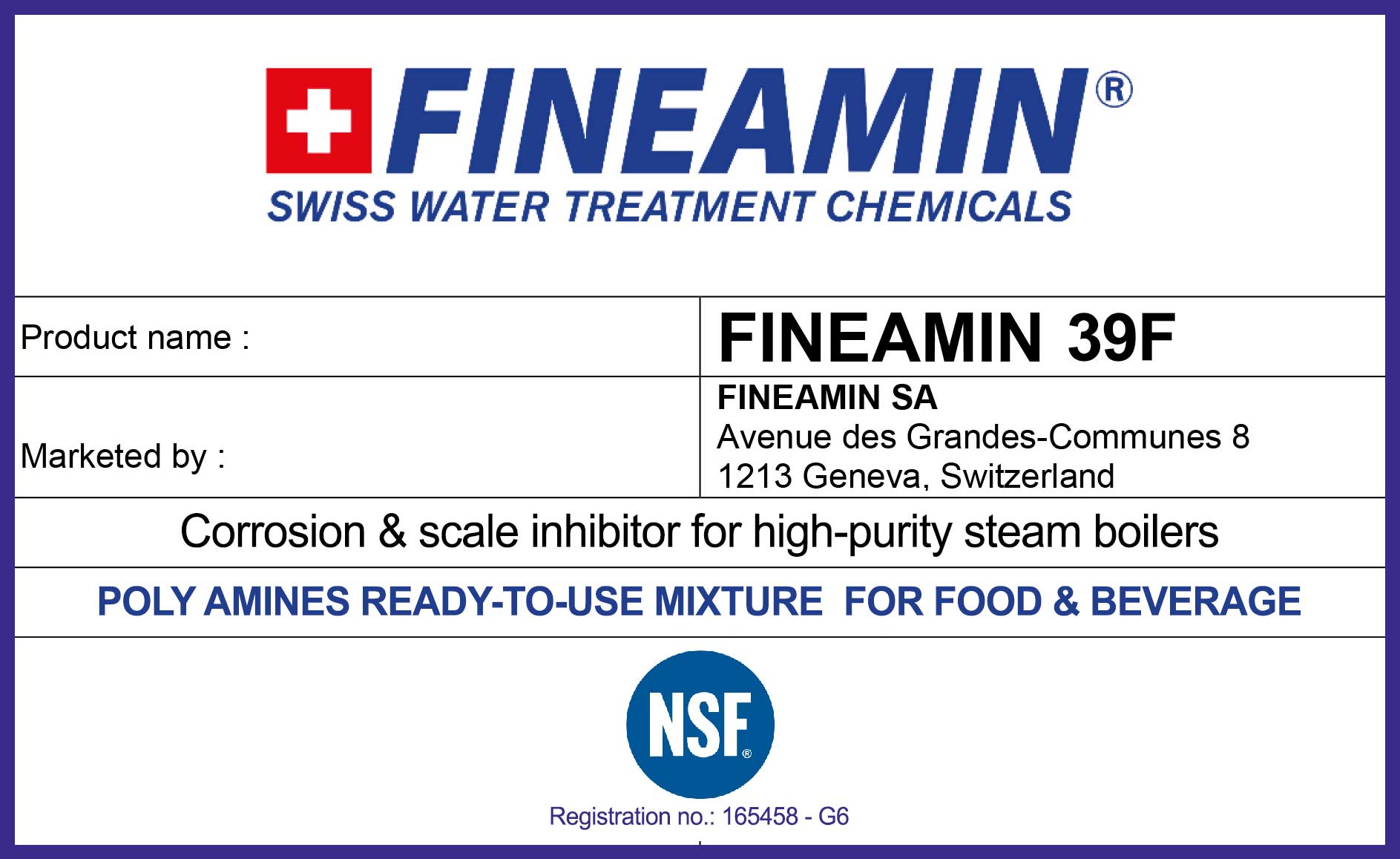 Fineamin 39F Water Treatment Chemical for Boilers in Food and beverage industry label.jpg