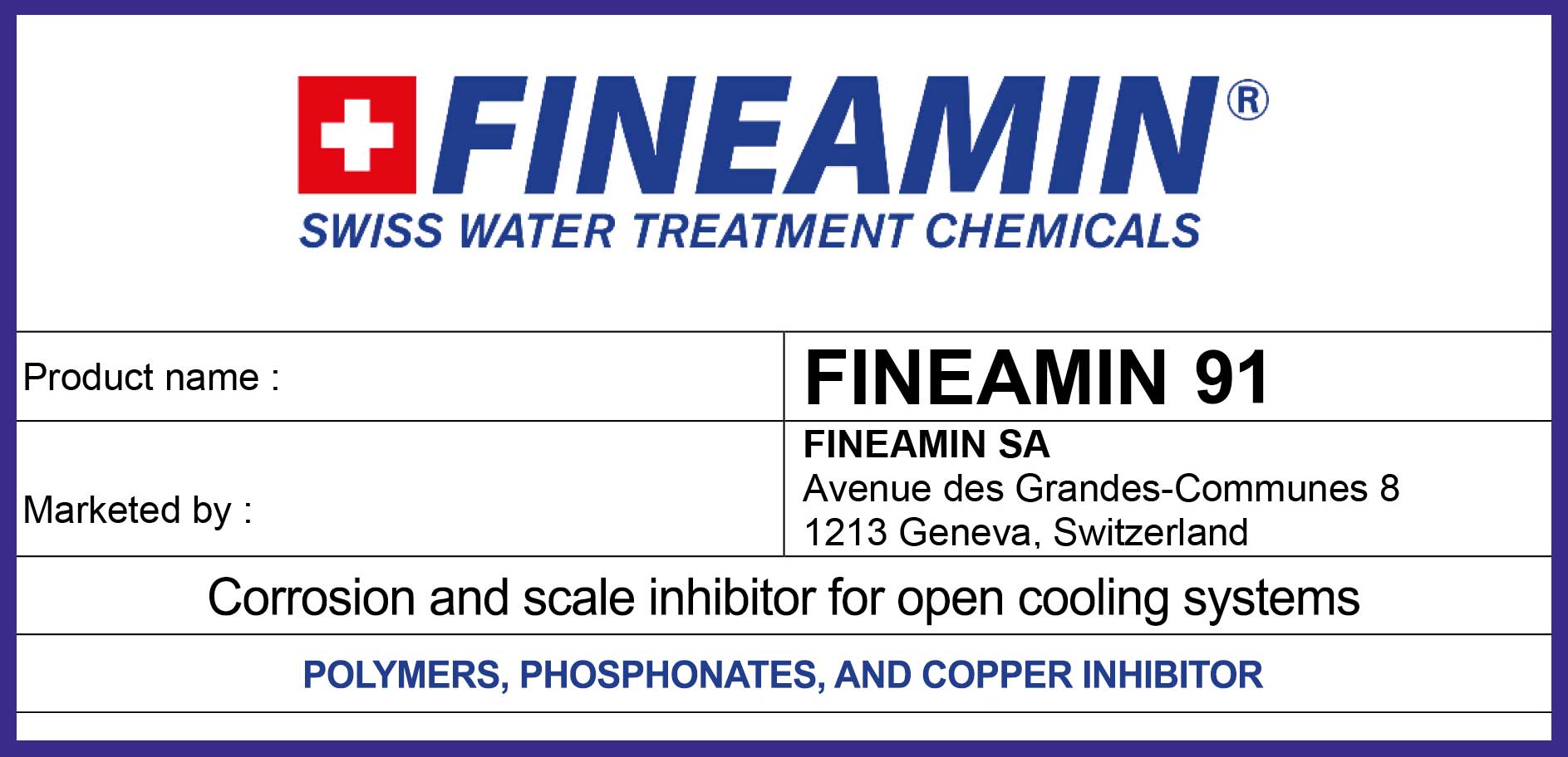 Fineamin 91 open cooling additive for wate treatment label