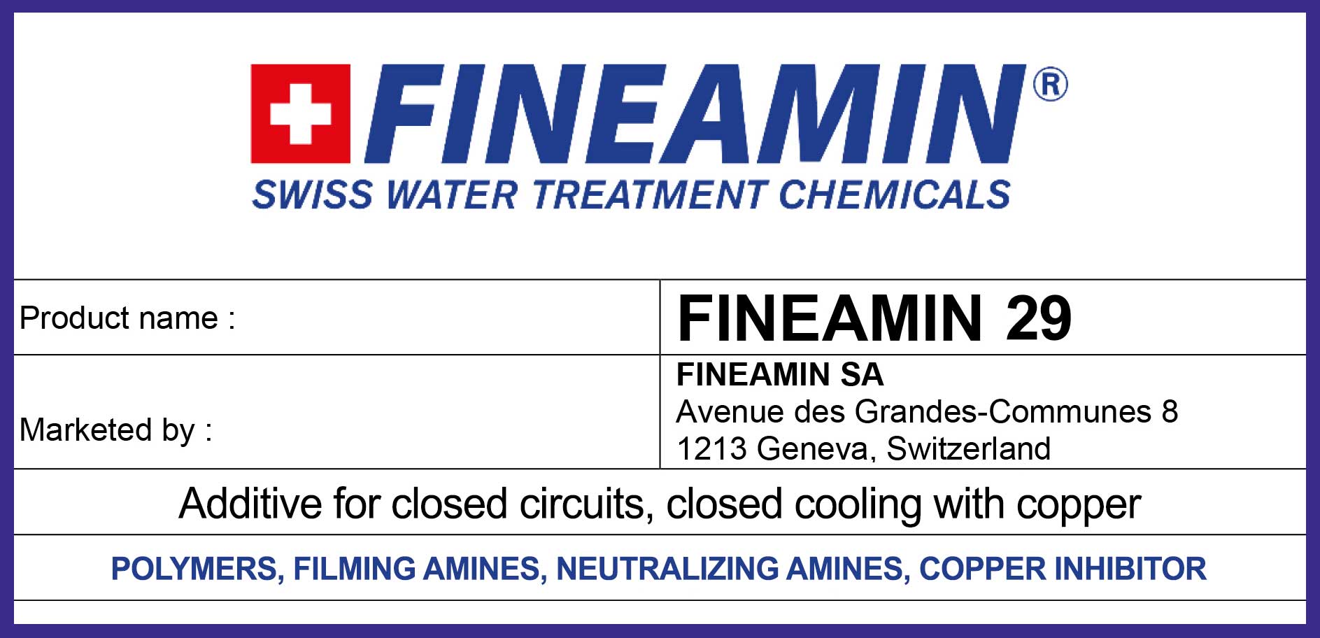 Fineamin 29 filming amines for closed cooling systems
